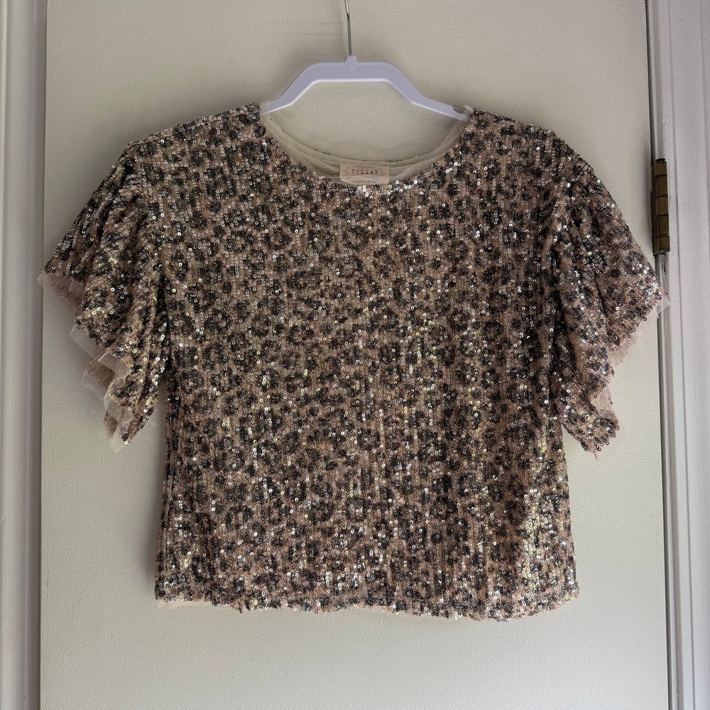 Hannah Banana Girls Leopard Sequin Flutter Sleeve Top Gold Silver Black Size 10
